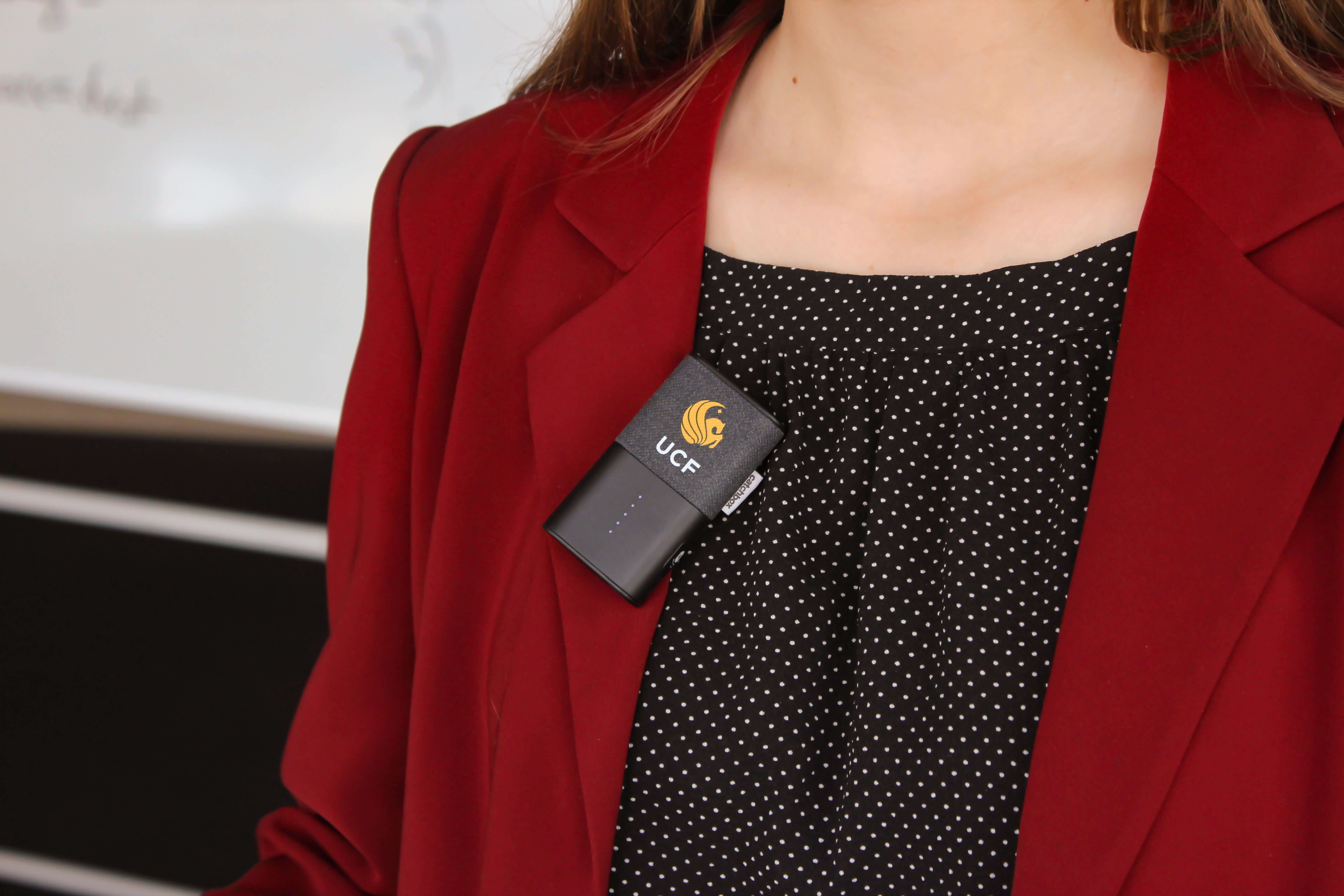 Presenter Clip lav microphone clipped to teacher's jacket
