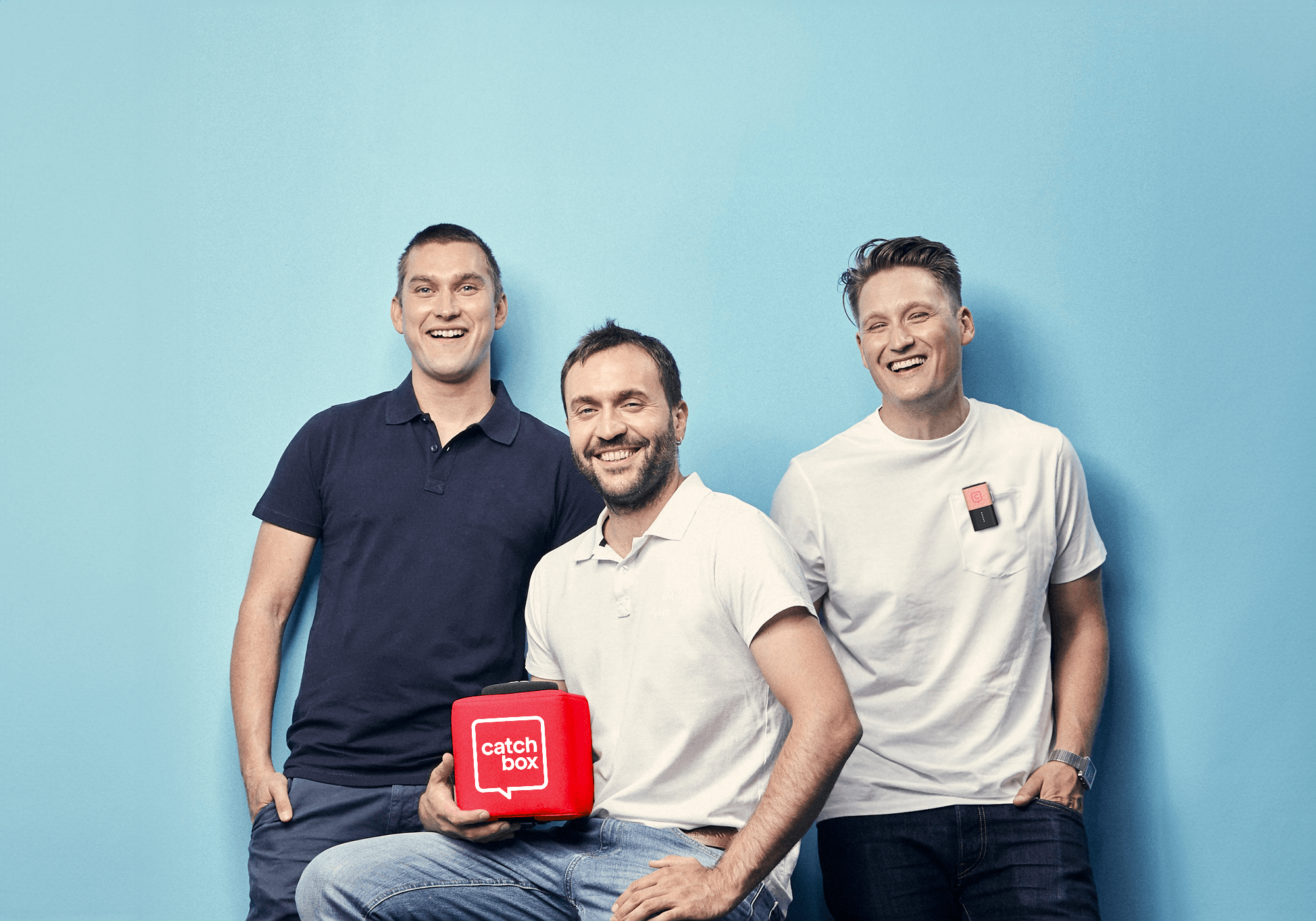 Catchbox founders with cube microphone and clip mic