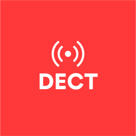 Икона, представляваща DECT, включваща сигнални вълни или символ на антена, поставена на червен фон.