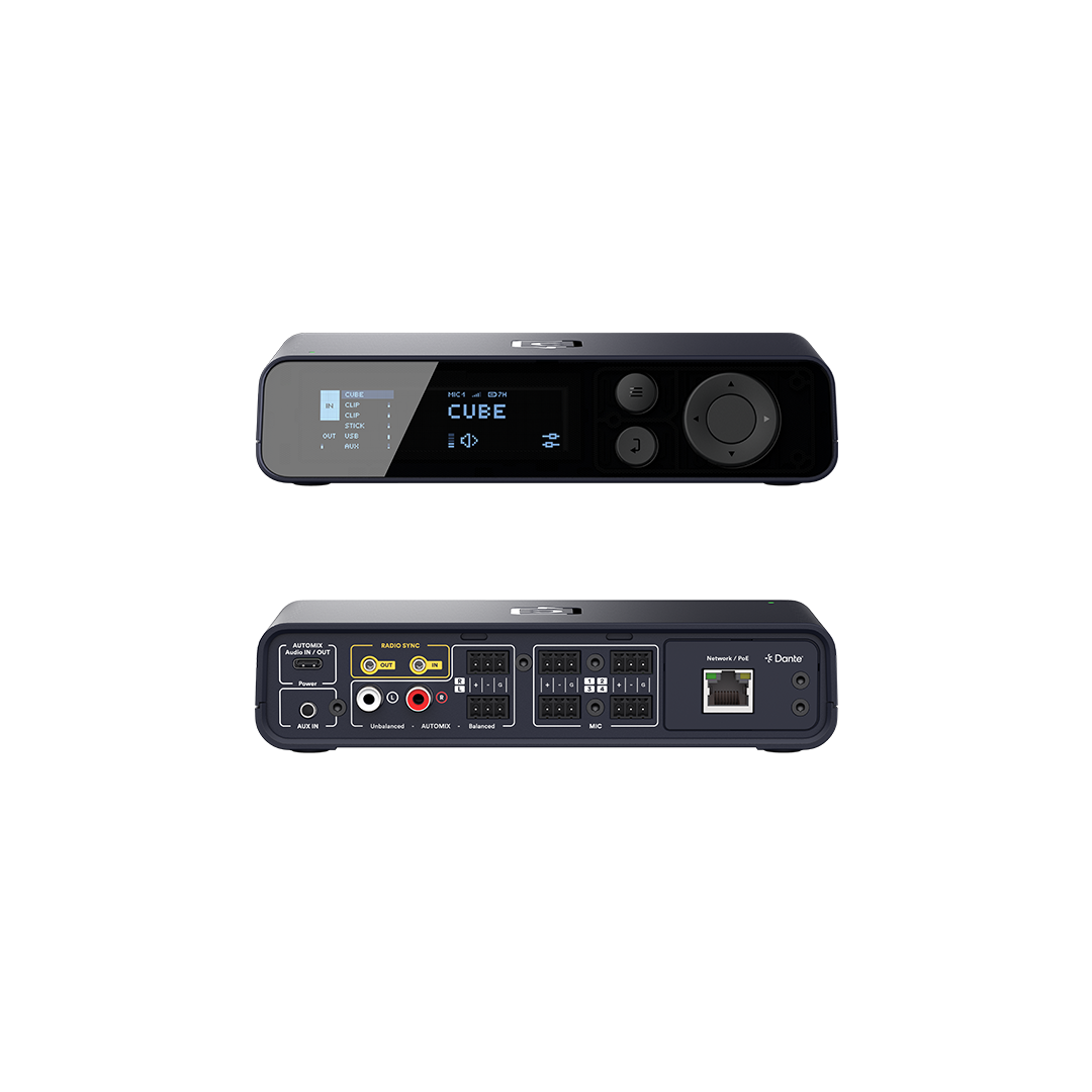 A front and back image of the Catchbox Plus Hub DSP receiver, showcasing the graphical user interface (UI) on the front, and the 3-pin, RCA, USB-C, aux, and network connections on the back.