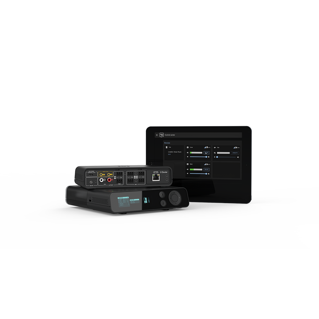 A front and back image of the Catchbox Plus Hub DSP receiver, featuring the graphical user interface (UI) on the front, and 3-pin, RCA, USB-C, aux, and network connections on the back. Next to it, a tablet displays access to the Catchbox Control and Monitoring Center.