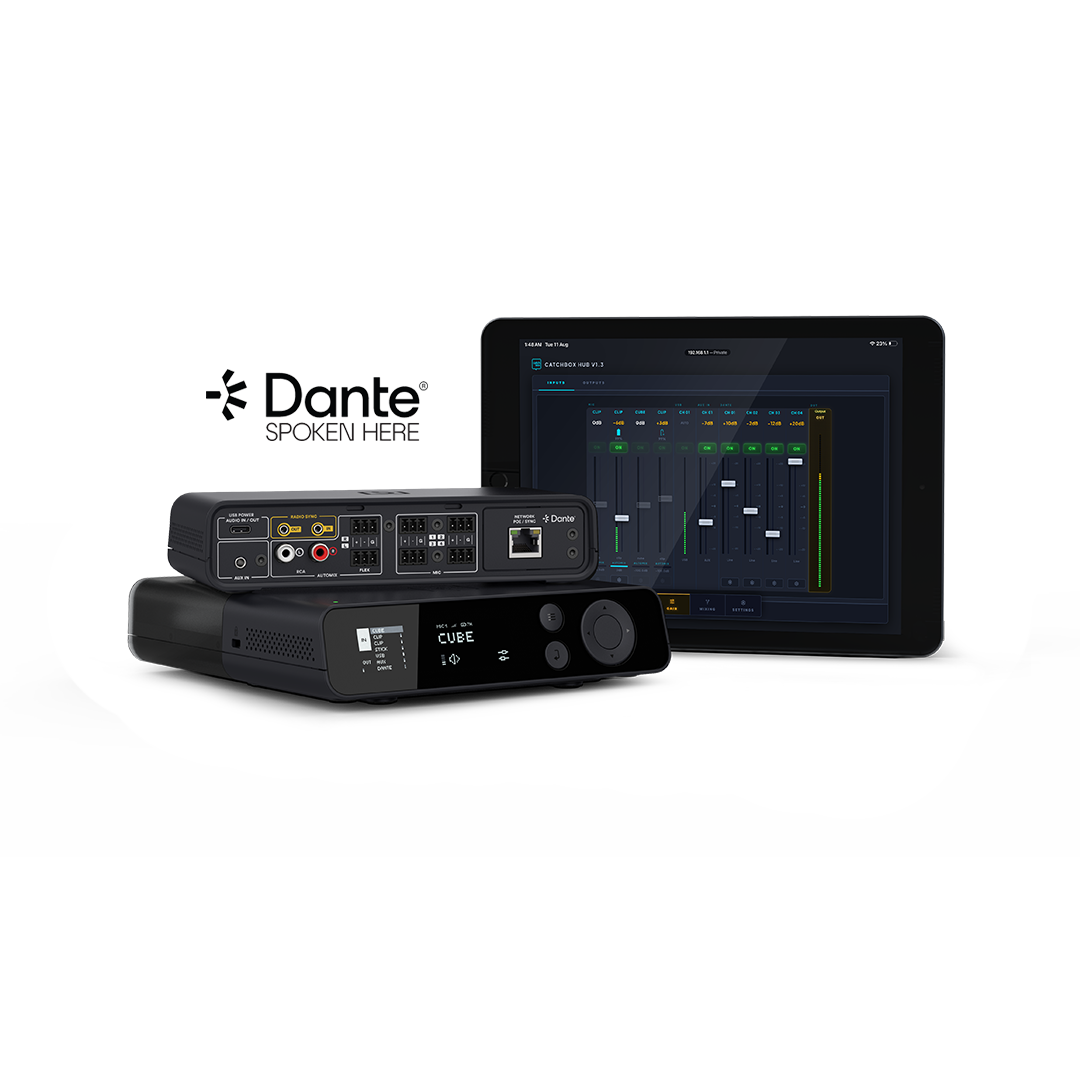 A front and back image of the Catchbox Plus Hub DSP receiver, showcasing the graphical user interface (UI) on the front, and the 3-pin, RCA, USB-C, aux, and network connections on the back.