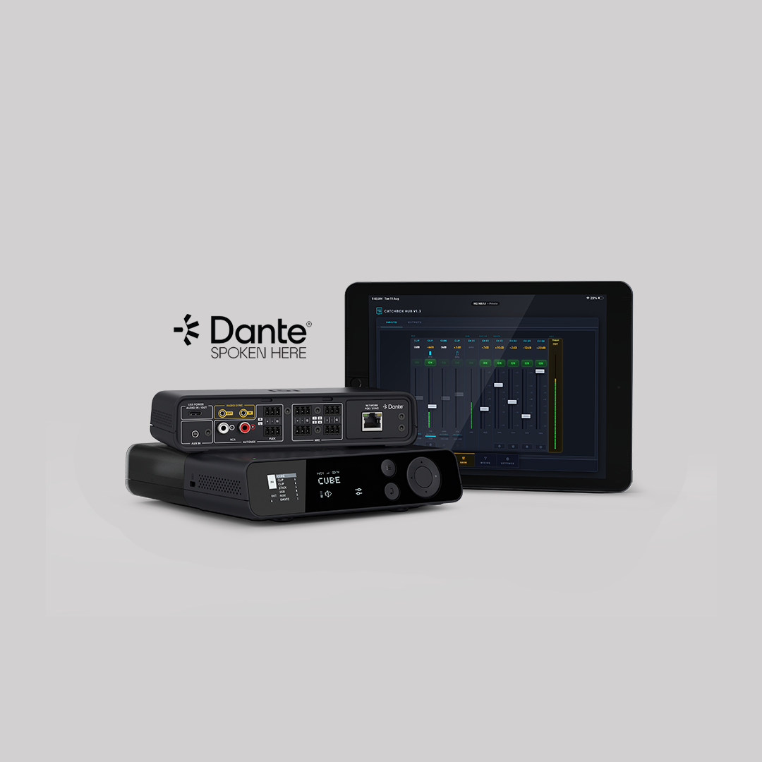 A front and back image of the Catchbox Plus Hub DSP receiver, featuring the graphical user interface (UI) on the front, and 3-pin, RCA, USB-C, aux, and network connections on the back. Next to it, a tablet displays access to the Catchbox Control and Monitoring Center.