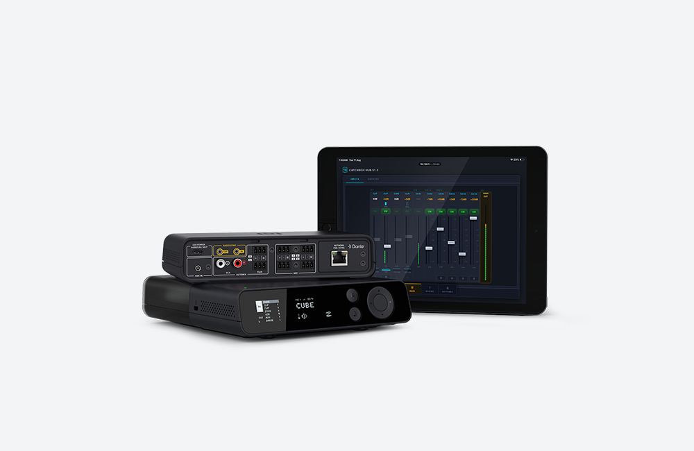 A front and back image of the Catchbox Plus Hub DSP receiver, showcasing the graphical user interface (UI) on the front, and the 3-pin, RCA, USB-C, aux, and network connections on the back.