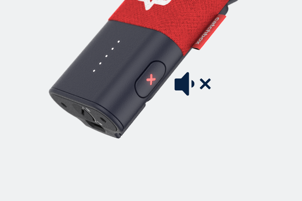 A side view of the Catchbox Clip wearable microphone with the mute button activated.