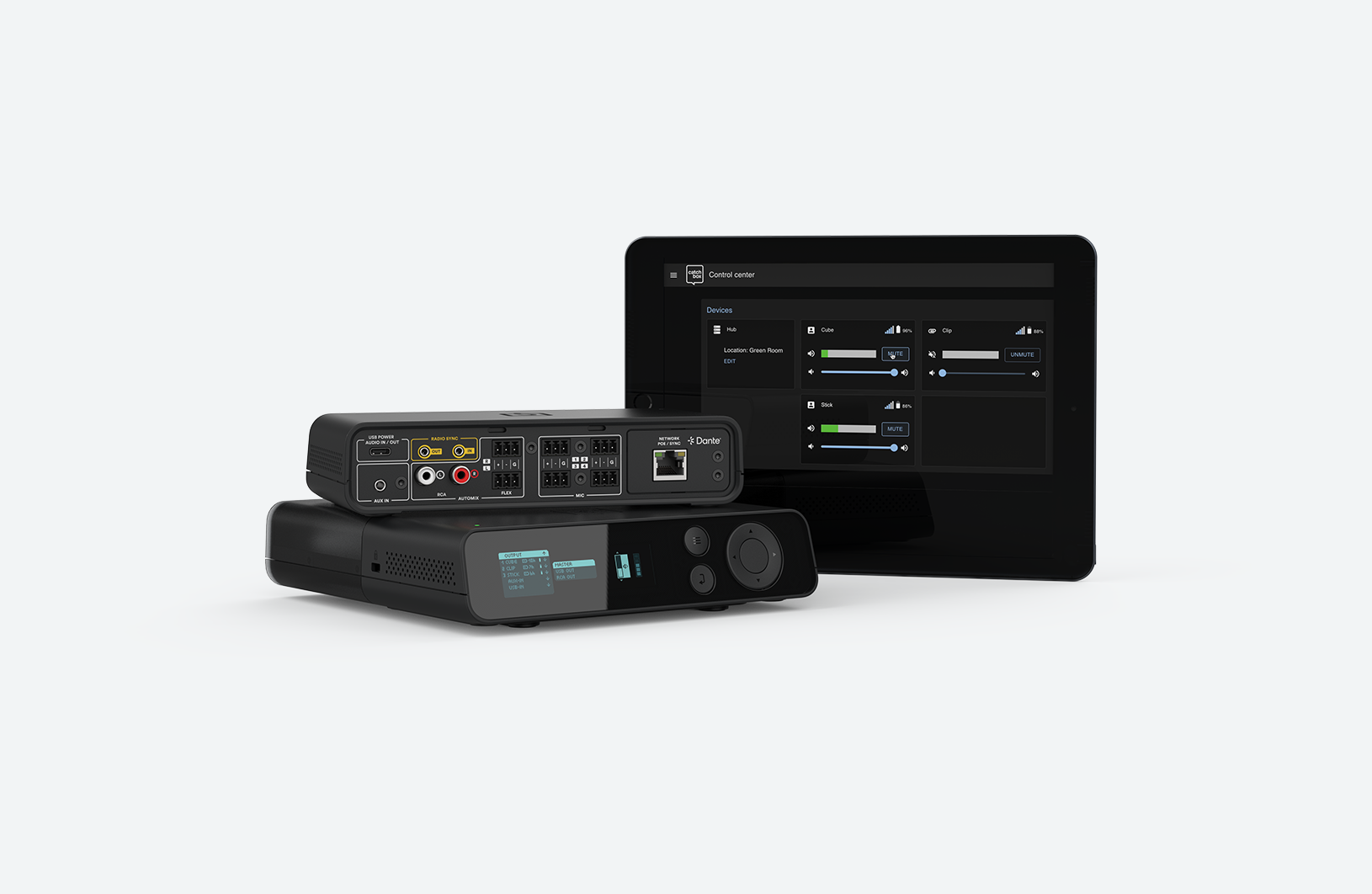 A front and back image of the Catchbox Plus Hub DSP receiver, showcasing the graphical user interface (UI) on the front, and the 3-pin, RCA, USB-C, aux, and network connections on the back.